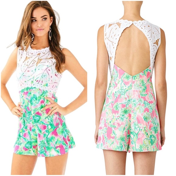 Lilly Pulitzer Sadie Romper Raz Berry Catty Shack‎ Floral Lace Size 0 - Picture 1 of 13